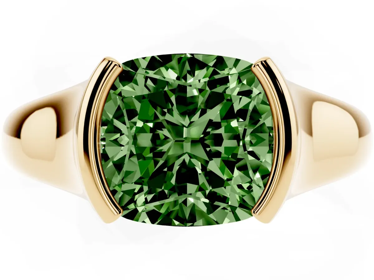 Fancy Green Cushion Cut Solitaire Tension Set Diamond Ring with Split Shank Band Yellow gold