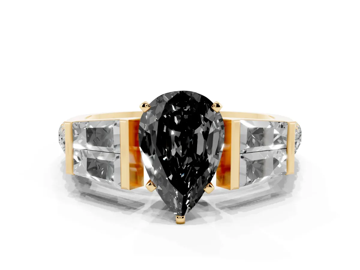Fancy Black Pear Cut Diamond Engagement Ring with Baguette Side Stones and Channel Set Band Yellow gold