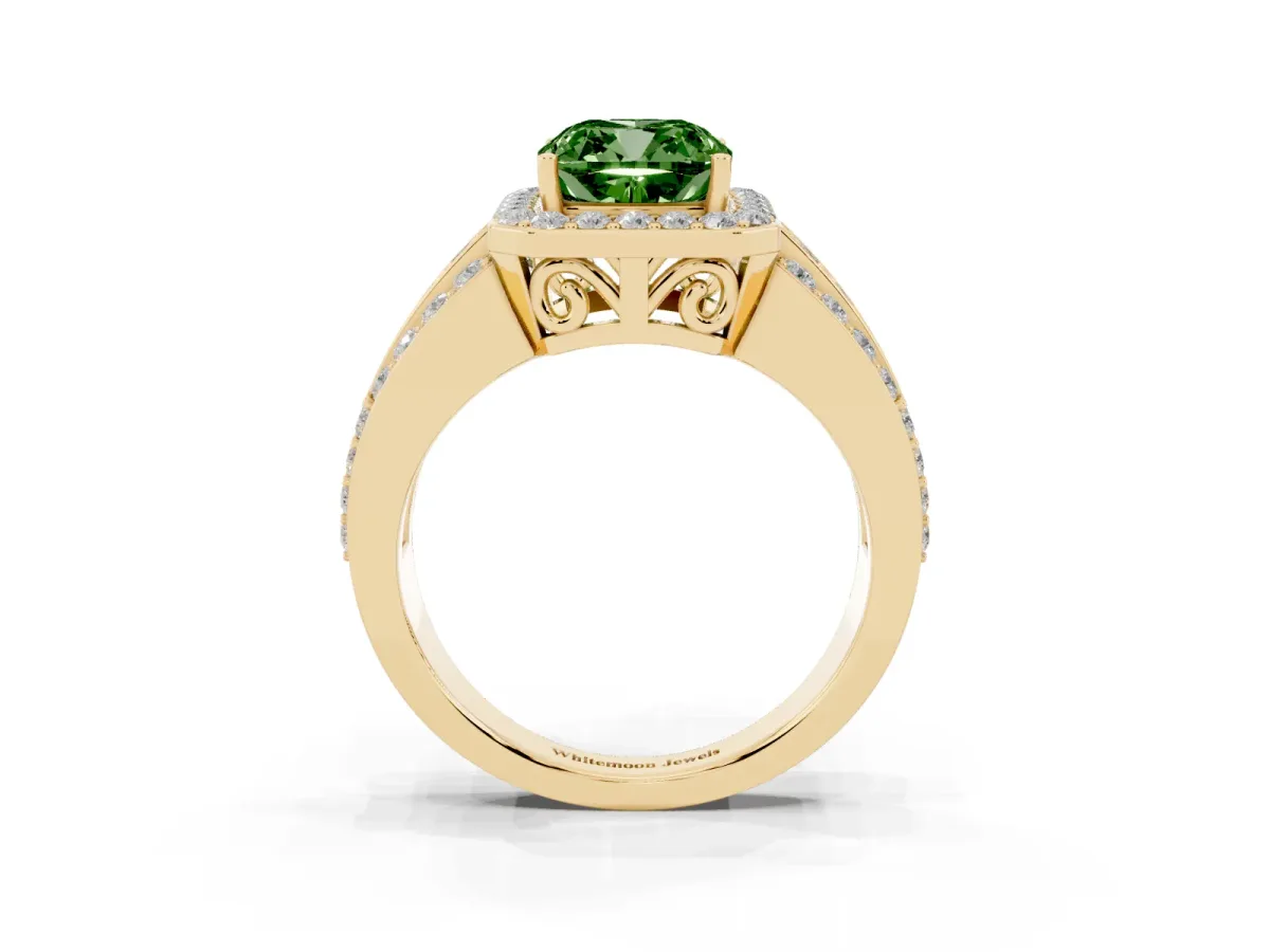 Fancy Green Cushion Cut Halo Diamond Ring with Round Split Shank and Prong Setting Yellow gold