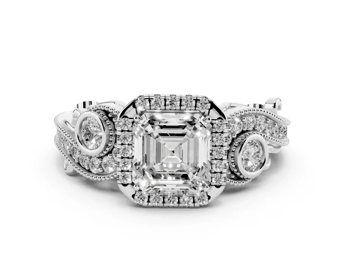 Asscher Cut Halo Diamond Ring with Milgrain and Bezel Accents on a Split Shank Band Platinum
