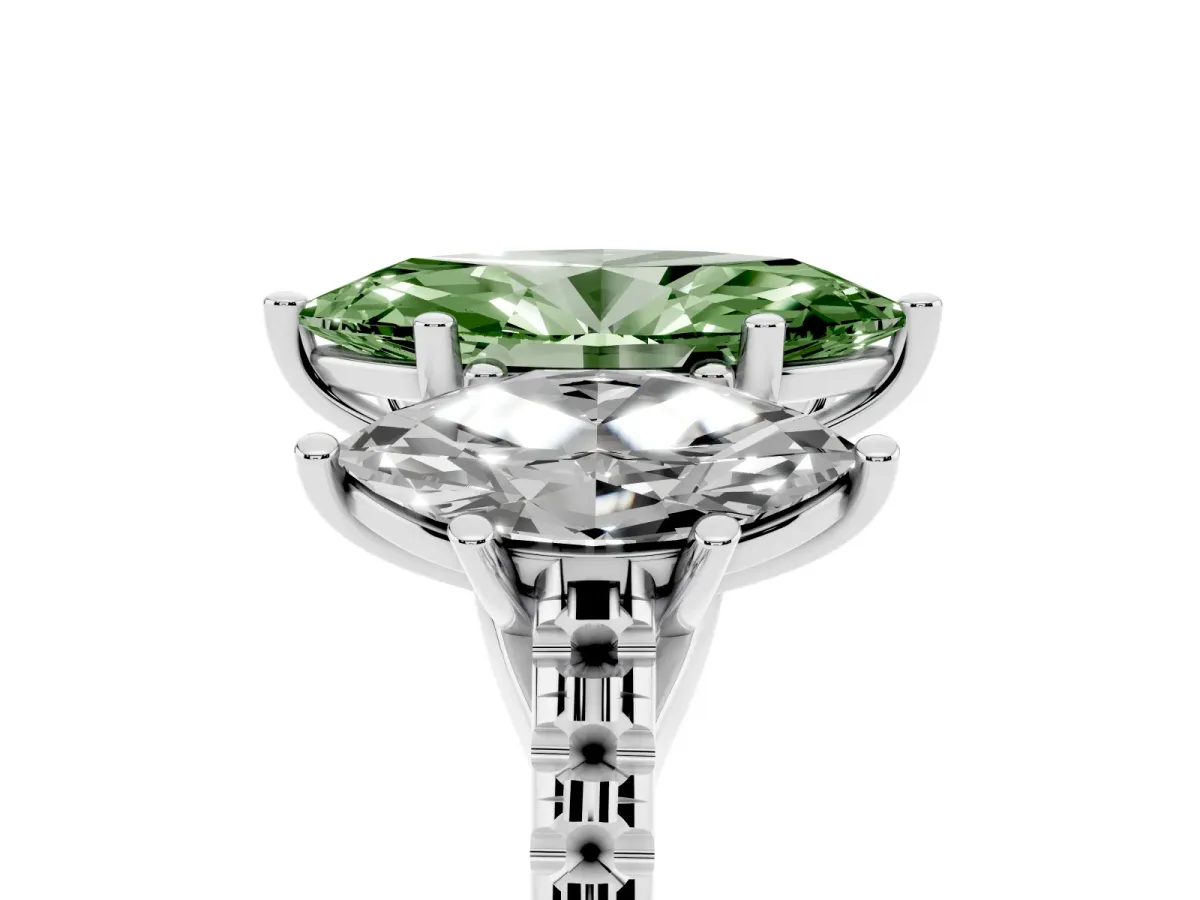 Fancy Green Three-Stone Marquise Cut Diamond Ring with Round Pavé Band and Prong Setting Silver
