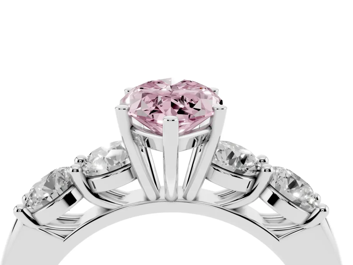 Fancy Pink Marquise Cut Cut Five-Stone Prong Set Diamond Ring with Classic Band Silver