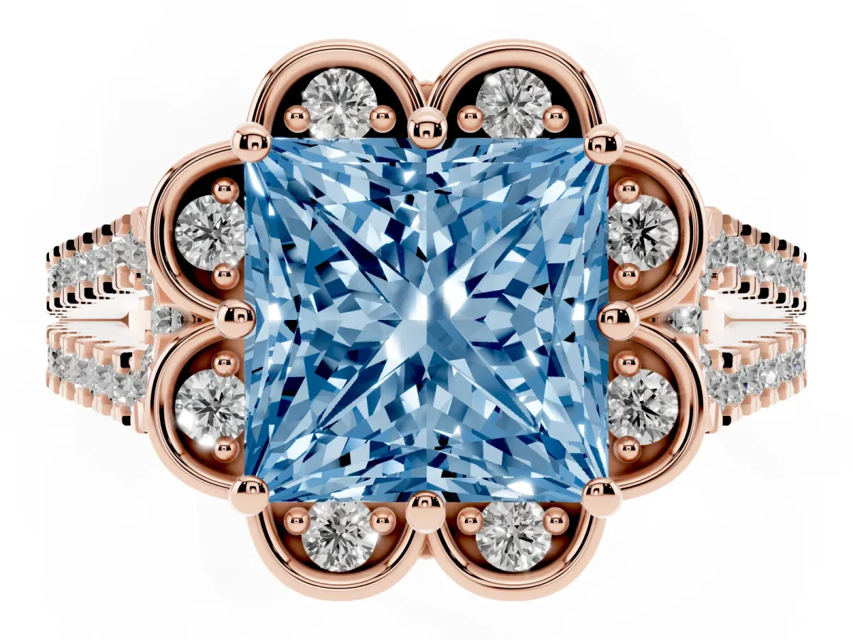 Fancy Blue Princess Cut Halo Diamond Floral Split Shank Engagement Ring Rose gold