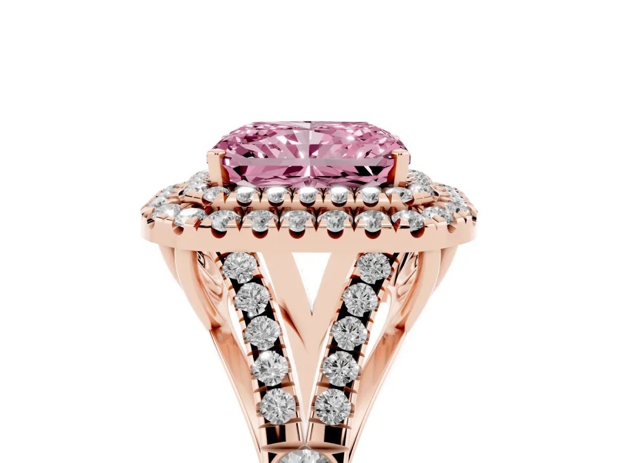 Fancy Pink Radiant Cut Diamond Pavé Split Shank Double Halo Engagement Ring Rose gold