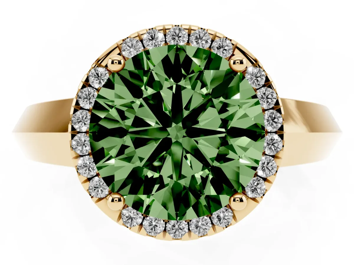 Fancy Green Round Cut Halo Diamond Ring with Cathedral Band and Four-Prong Setting Yellow gold