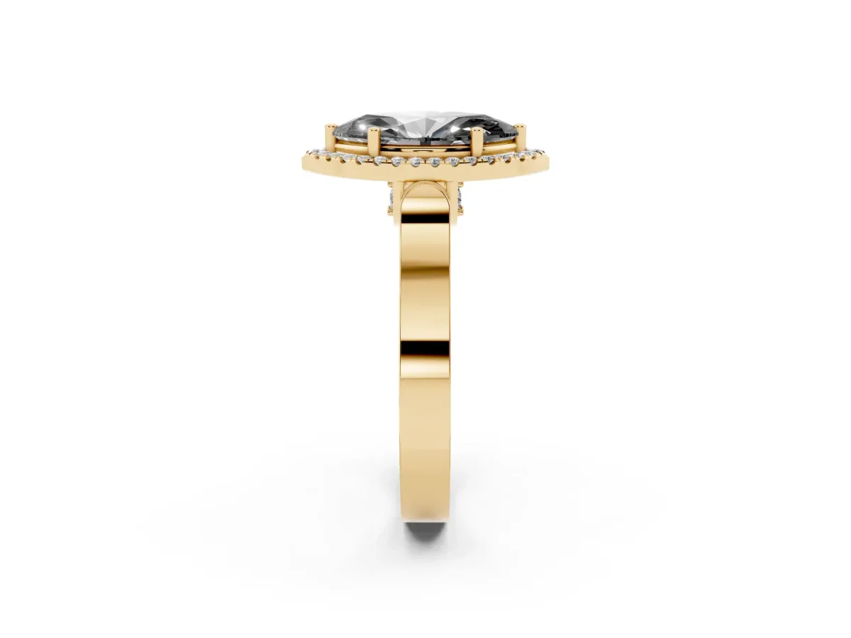 Fancy Black Marquise Cut Halo Round Diamond Twist Band with Four-Prong Setting Yellow gold