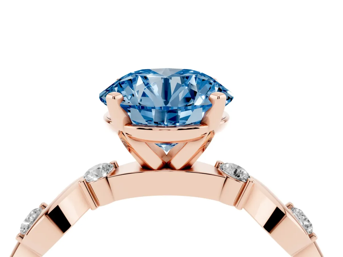 Fancy Blue Round Cut Diamond Solitaire Twisted Band with Round Accents and Prong Setting Rose gold