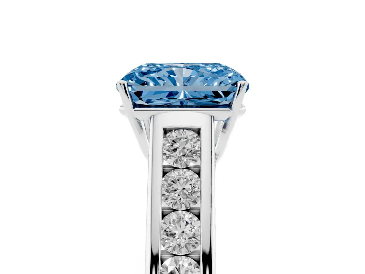 Fancy Blue Radiant Cut Brilliant Channel-Set Solitaire Ring with Four-Prong Setting Silver