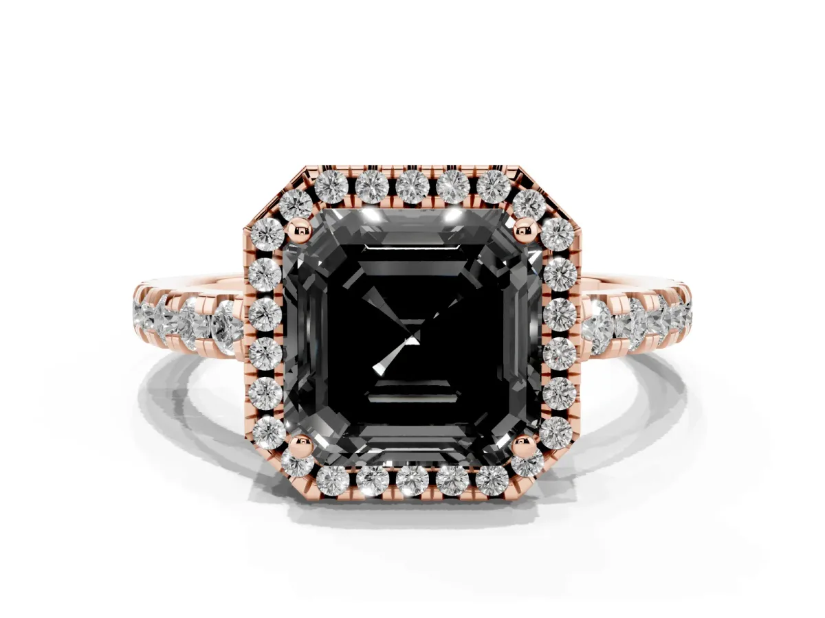Fancy Black Asscher Cut Diamond Halo Ring with Pavé Band and Four-Prong Setting Rose gold