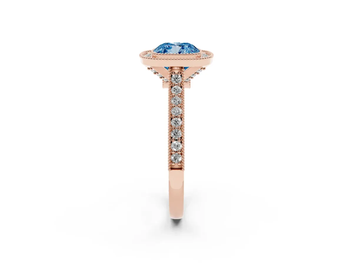 Fancy Blue Halo Cushion Cut-Cut Diamond Pave Band Milgrain Prong Setting Ring Rose gold