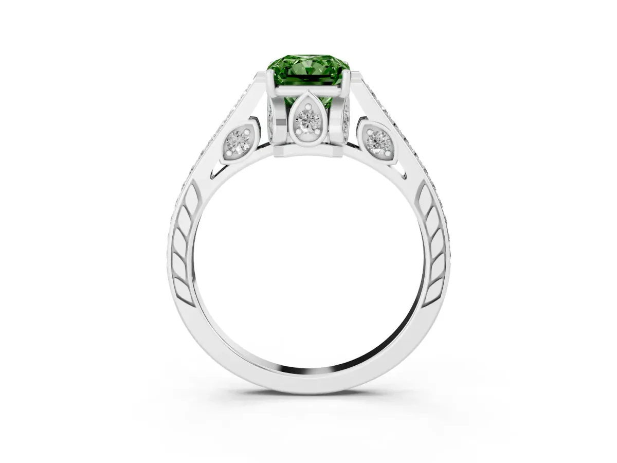 Fancy Green Radiant Cut Cut Cathedral Pave Diamond Engagement Ring with Six-Prong Setting Silver