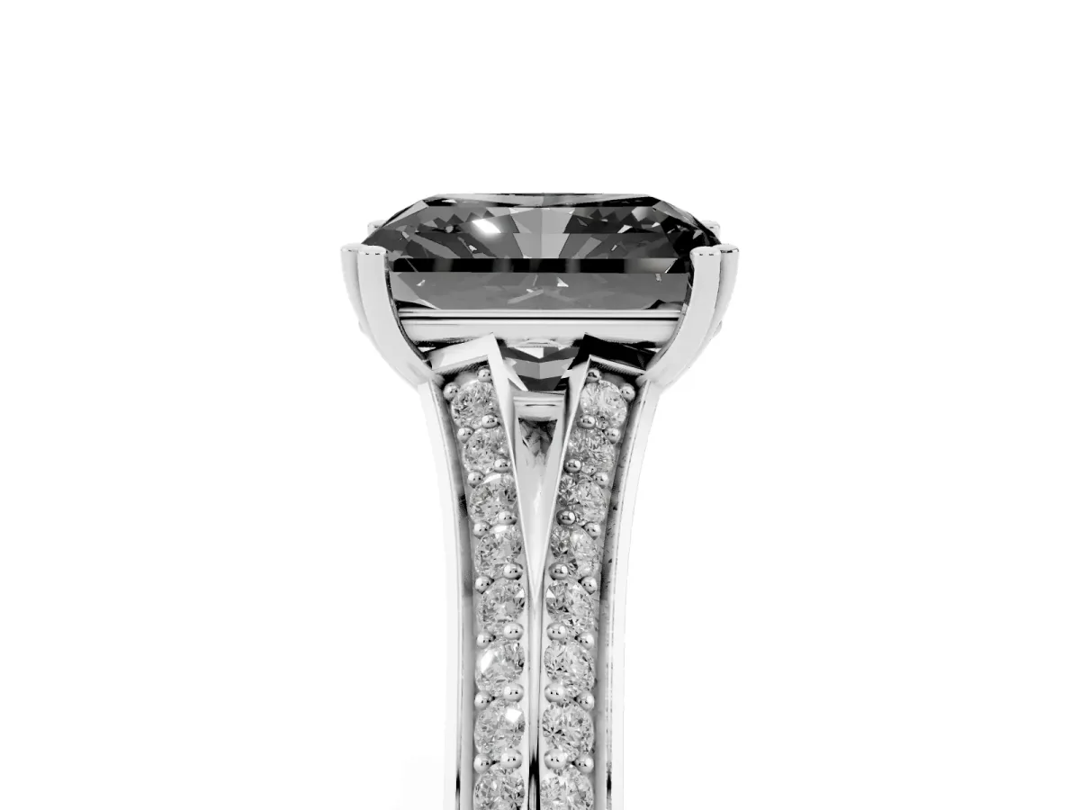Fancy Black Radiant Cut Diamond Split Shank Engagement Ring with Pavé Band Silver