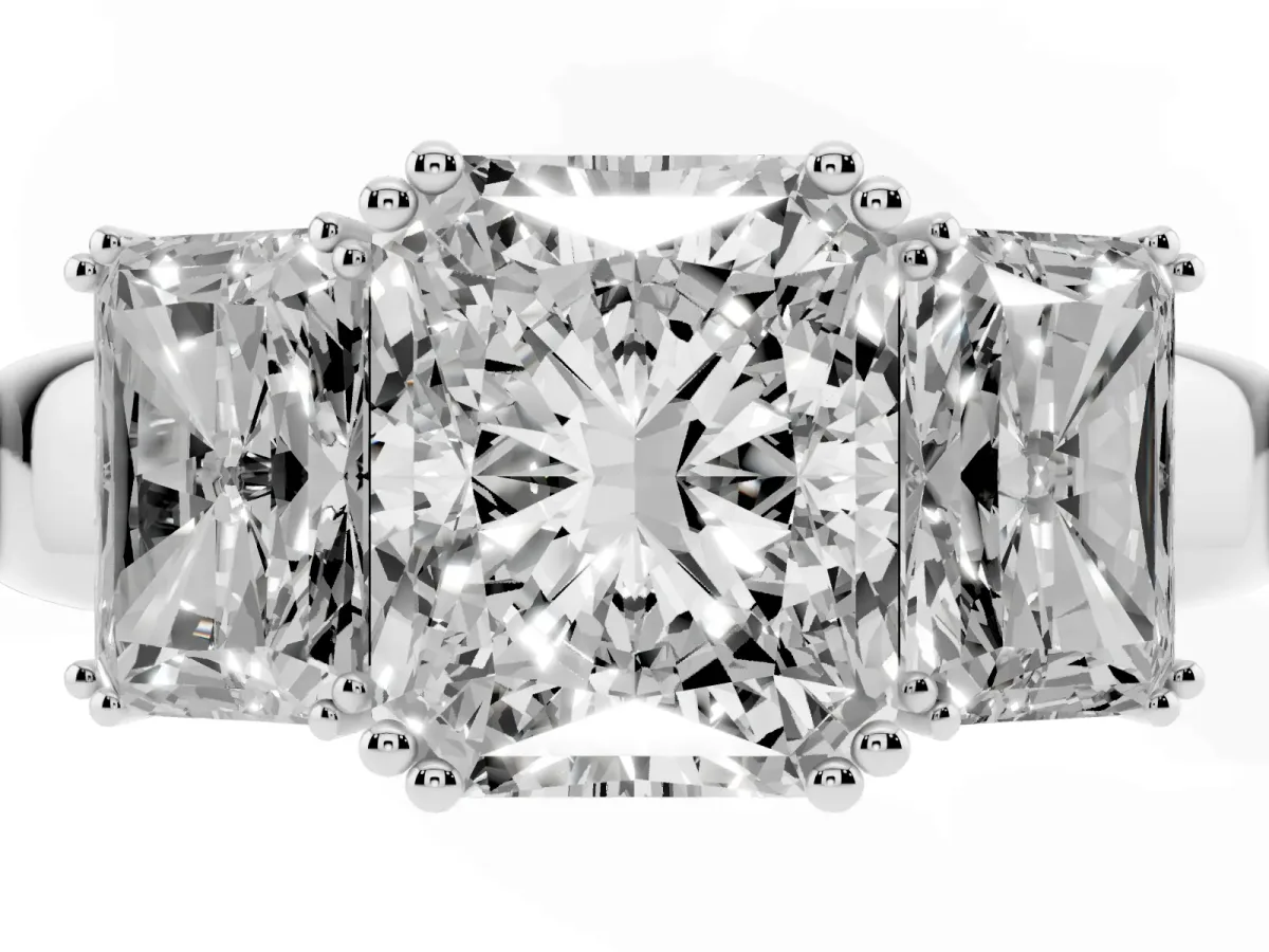 Three-Stone Radiant Cut Cut Diamond Ring with Channel Set Band and Four-Prong Setting Silver