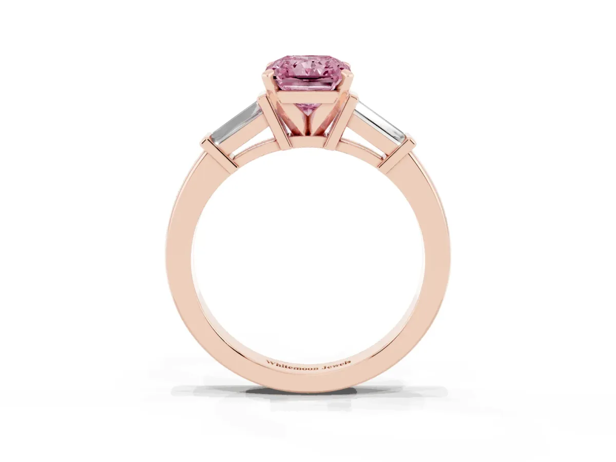 Fancy Pink Radiant Cut Cut Diamond Solitaire Ring with Tapered Baguette Accents and Four-Prong Setting Rose gold