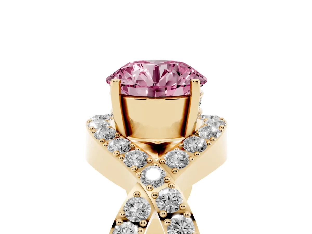 Fancy Pink Round Cut Solitaire Twist Band Pavé Diamond Engagement Ring Yellow gold