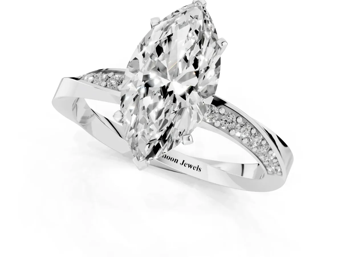 Marquise Cut Diamond Engagement Ring with Side Stone Accents and Four-Prong Setting Silver
