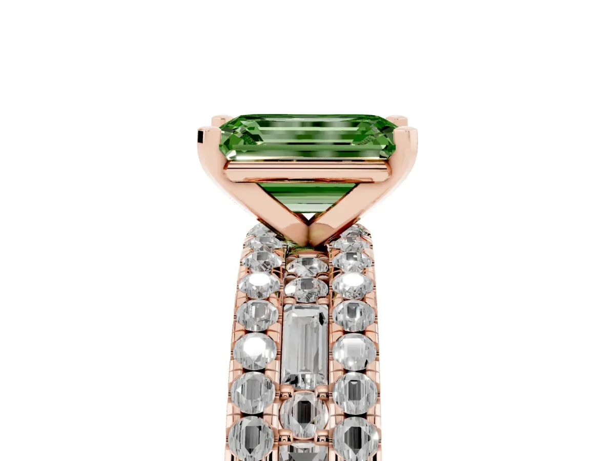 Fancy Green Emerald Cut Diamond Solitaire Ring with Pavé and Channel Set Band Rose gold