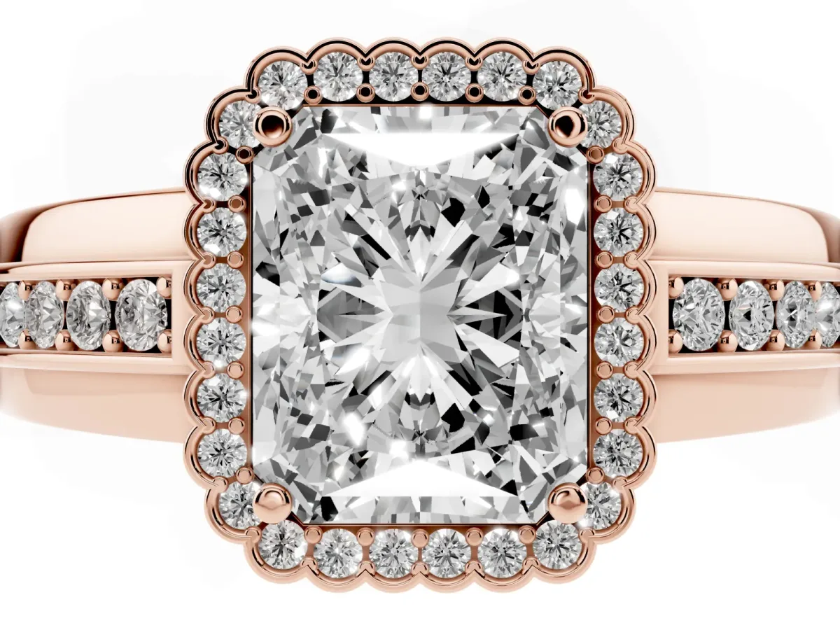 Radiant Cut Cut Halo Pave Band Four-Prong Ring Rose gold