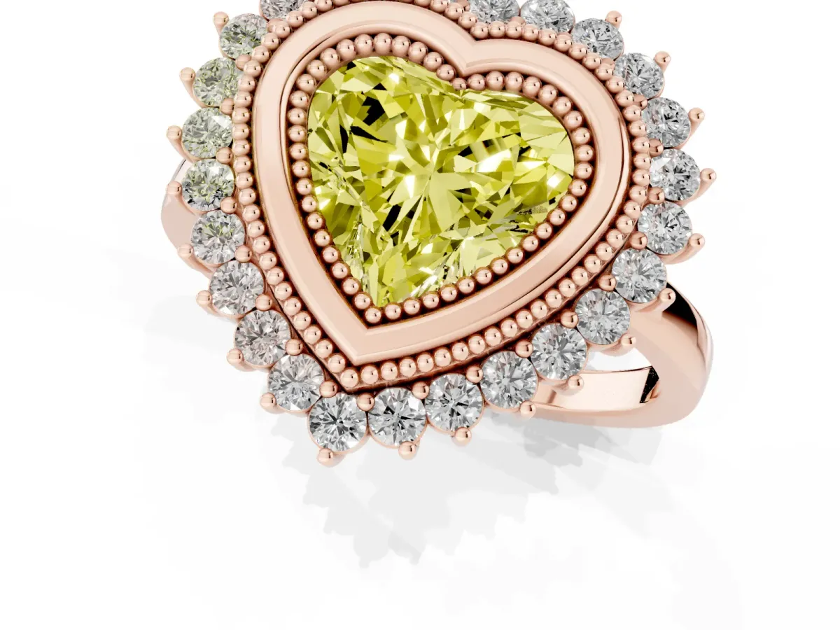 Fancy Yellow Heart Cut Halo Diamond Ring with Milgrain Edge and Round Prong Setting Rose gold