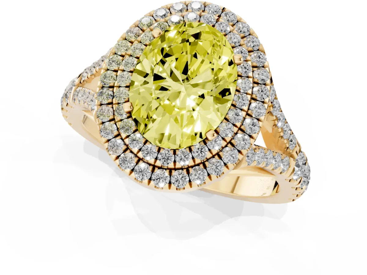 Fancy Yellow Double Halo Oval Cut Diamond Split Shank Engagement Ring with Four-Prong Setting Yellow gold