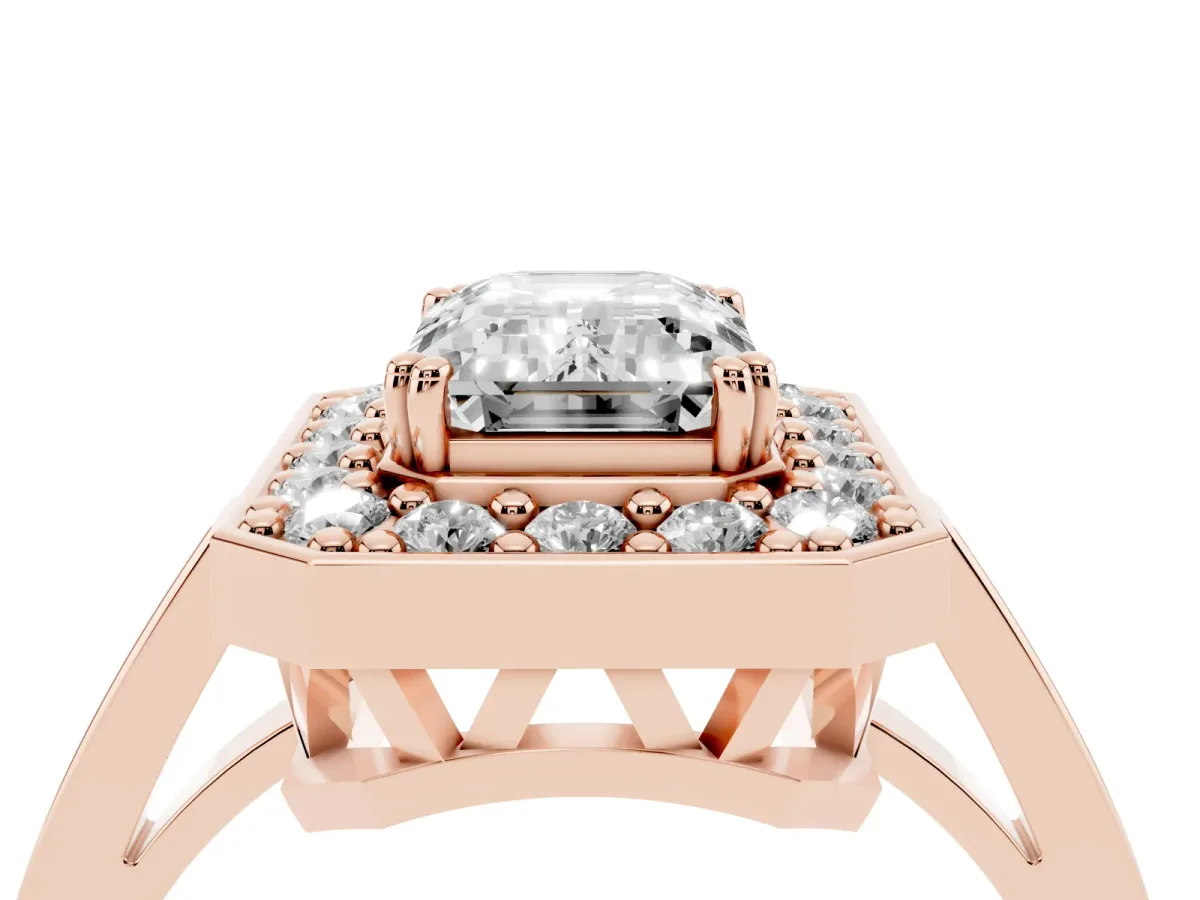 Emerald Cut Diamond Halo Ring with Split Shank and Four-Prong Setting Rose gold