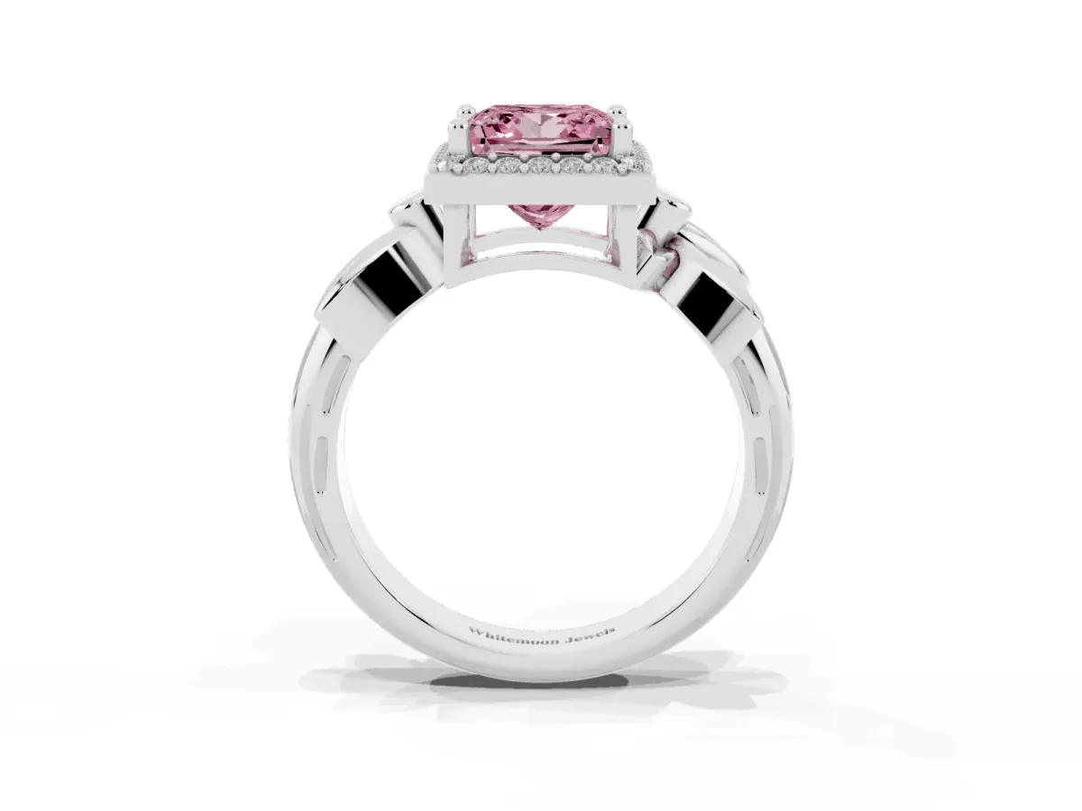 Fancy Pink Princess Cut Halo Diamond Floral Band with Four-Prong Setting Platinum