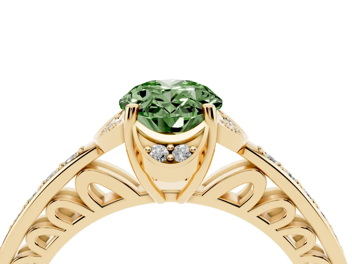 Fancy Green Oval Cut Cut Halo Diamond Ring with Channel Set Band and Four-Prong Setting Yellow gold