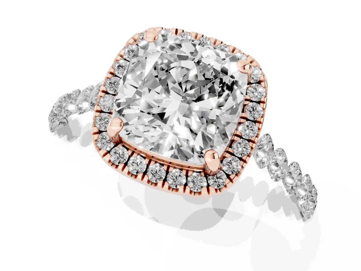 Cushion Cut Halo Pavé Diamond Engagement Ring with Four-Prong Setting Rose gold