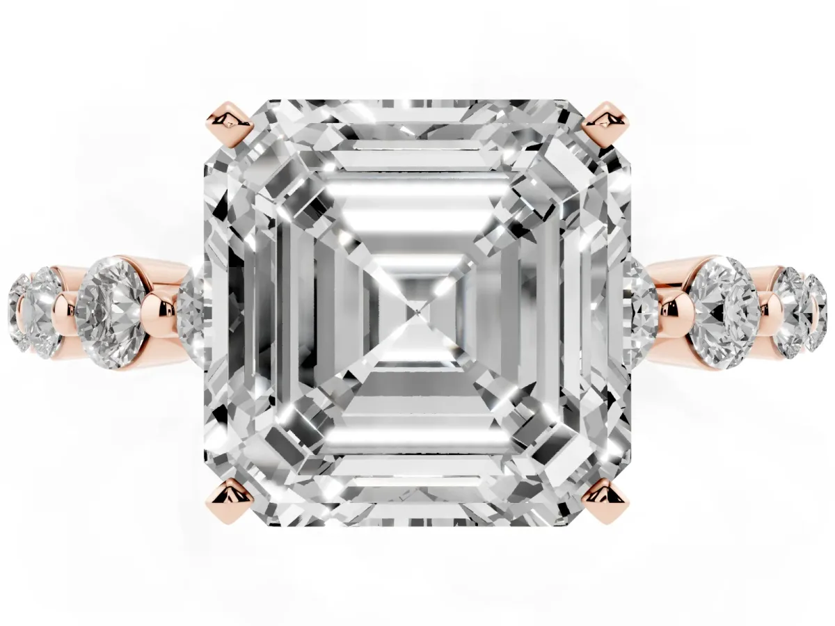 Asscher Cut Solitaire Diamond Ring with Pave Band and Four-Prong Setting Rose gold