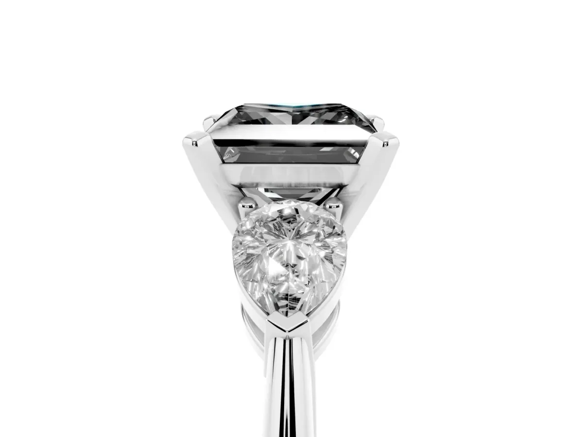 Fancy Black Three-Stone Princess Cut Diamond Ring with Pear Side Stones and Four-Prong Setting Silver