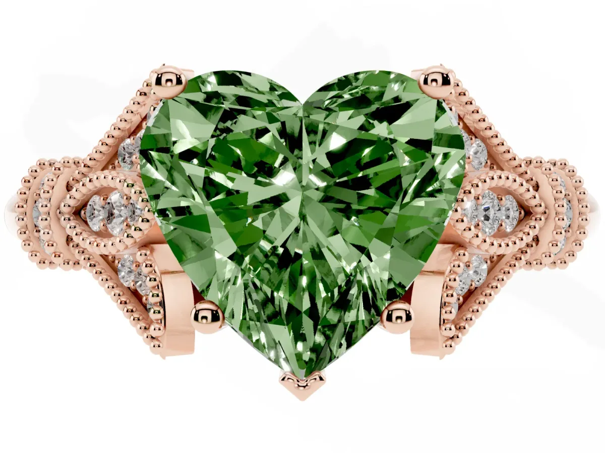 Fancy Green Heart Cut Diamond Solitaire Ring with Floral Filigree and Pave Accents Rose gold