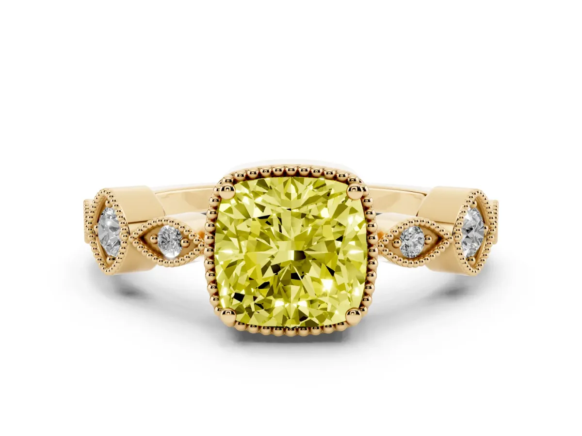 Fancy Yellow Cushion Cut Diamond Vintage Milgrain Ring with Round Stations Yellow gold