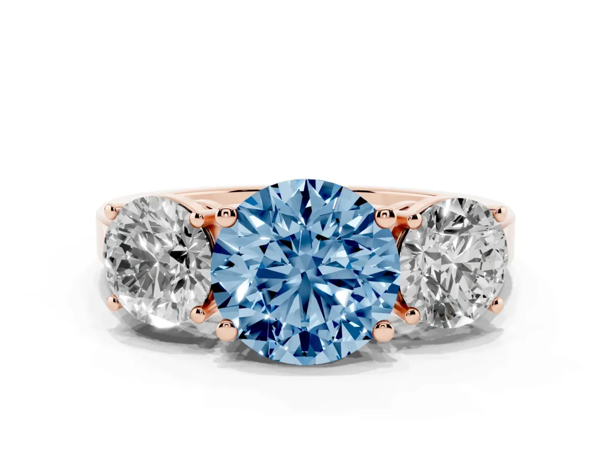Fancy Blue Three-Stone Round Cut Cut Diamond Engagement Ring with Flat Band and Four-Prong Setting Rose gold