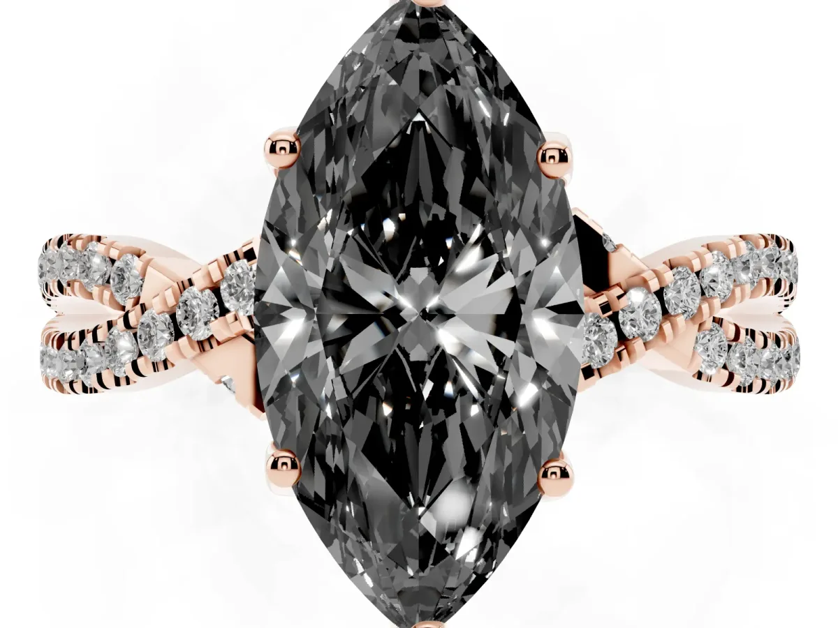Fancy Black Marquise Cut Solitaire Twist Pave Diamond Engagement Ring with Prong Setting Rose gold