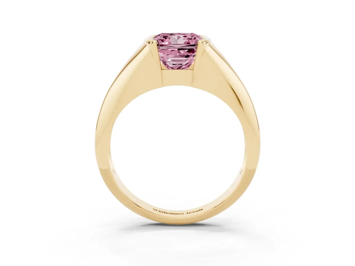 Fancy Pink Princess Cut Solitaire Tension Set Diamond Ring Yellow gold