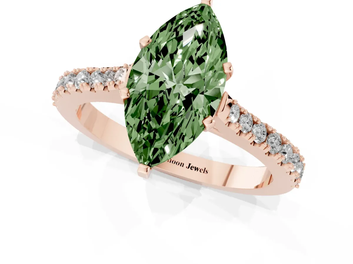 Fancy Green Marquise Cut Cut Solitaire Diamond Engagement Ring with Pave Band and Four-Prong Setting Rose gold