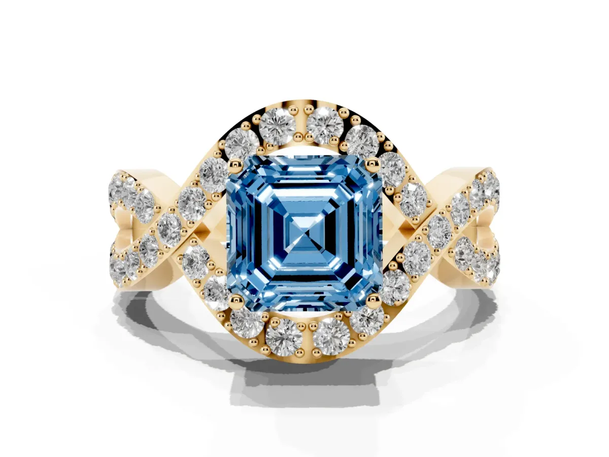 Fancy Blue Asscher Cut Solitaire Twist Band Pavé Diamond Engagement Ring Yellow gold