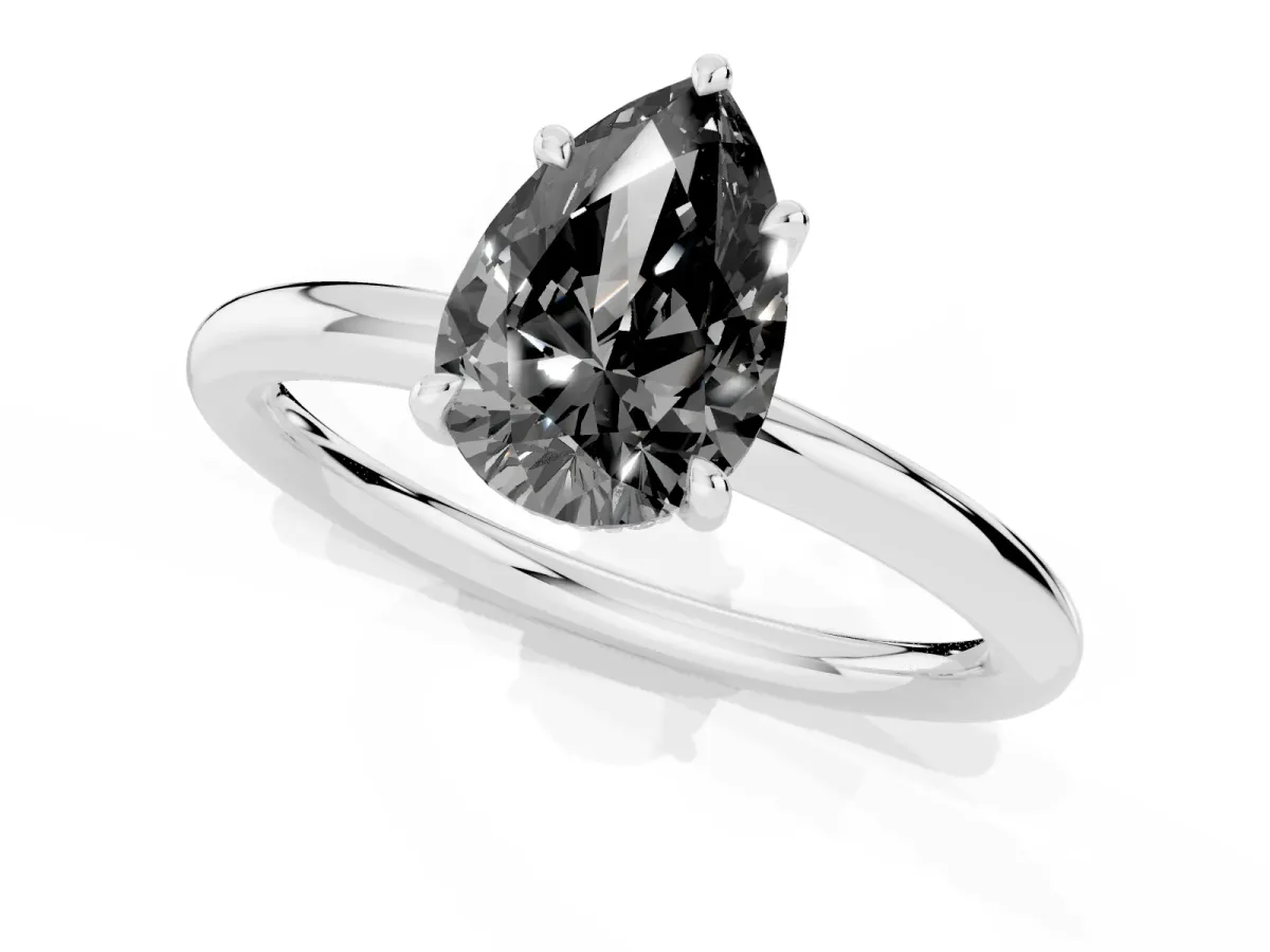 Fancy Black Pear Cut Diamond Solitaire Ring with Thin Band and Four-Prong Setting Silver