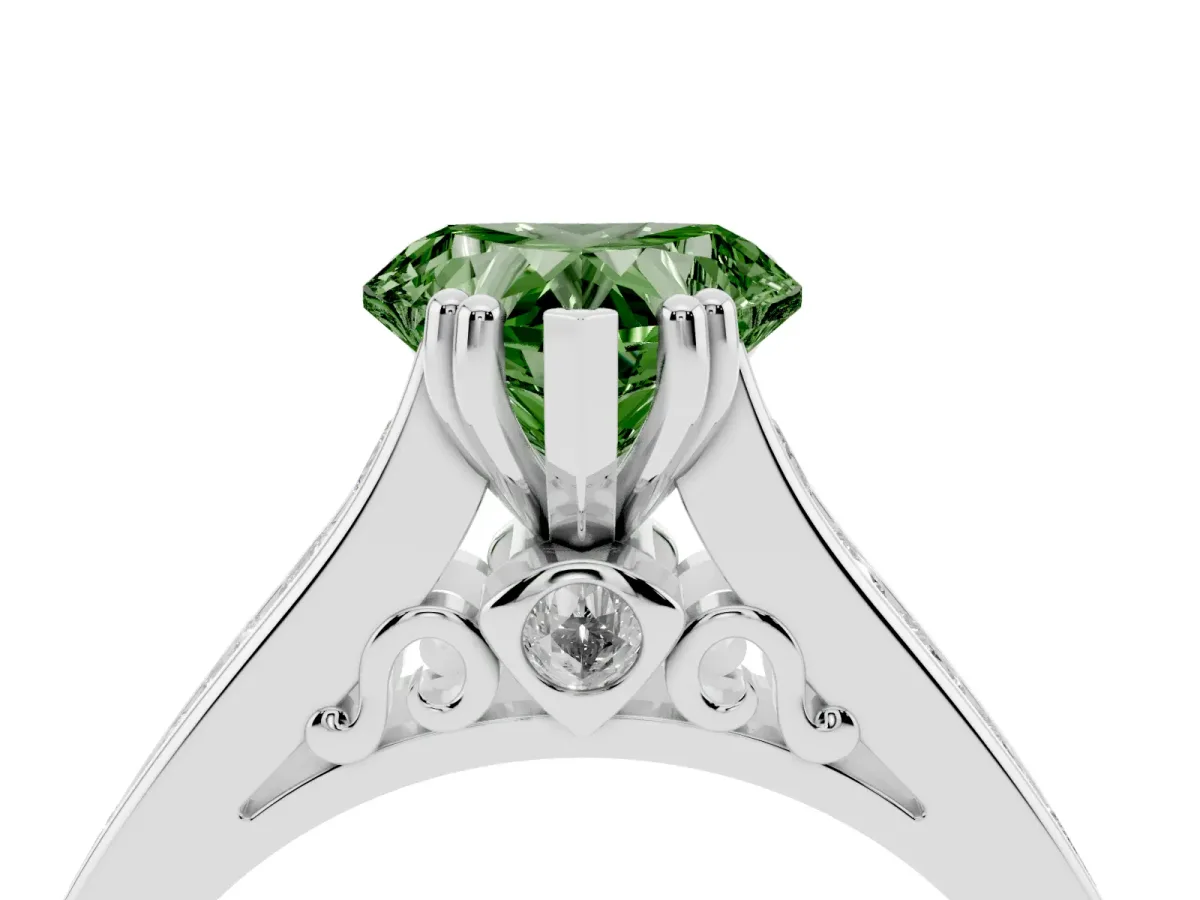 Fancy Green Heart Cut Cut Channel Set Solitaire Engagement Ring with Prong Setting Silver