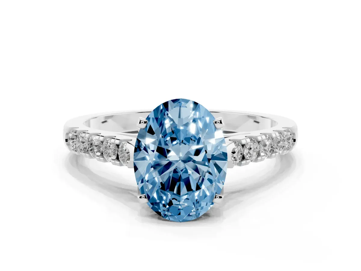 Fancy Blue Oval Cut Diamond Pavé Band Solitaire Ring with Prong Setting Platinum