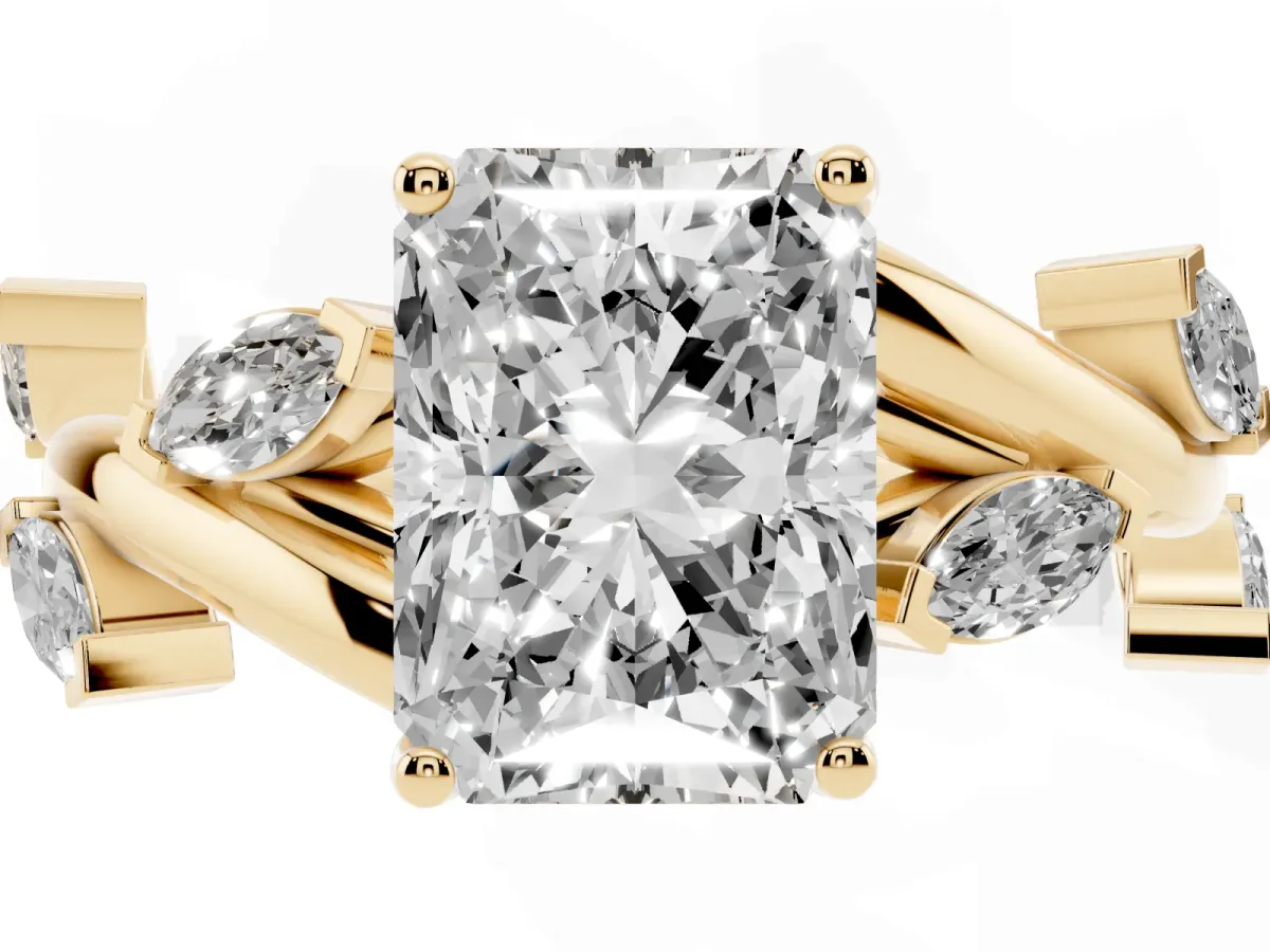 Radiant Cut Solitaire Twisted Band Marquise Accent Prong Setting Ring Yellow gold