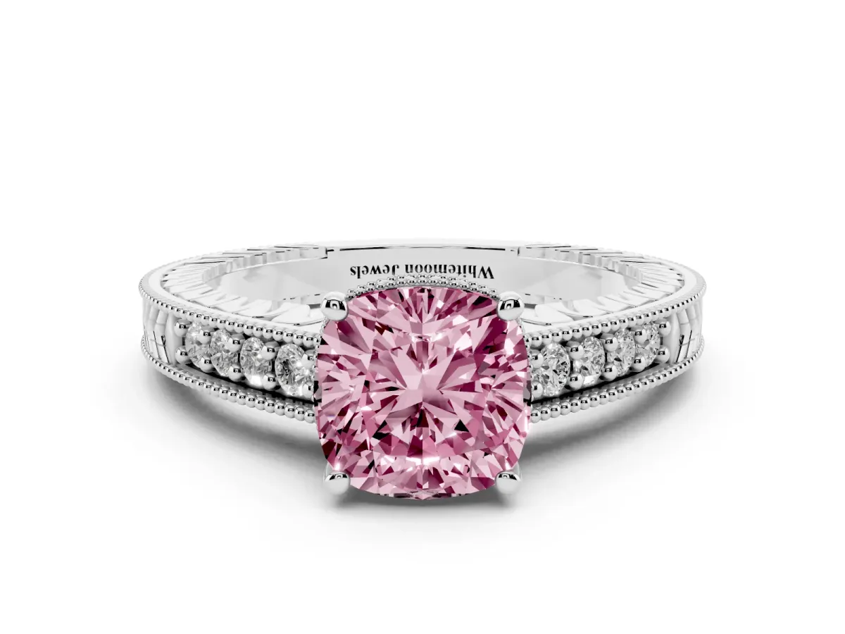 Fancy Pink Cushion Cut Solitaire Pavé Diamond Milgrain Engagement Ring with Four-Prong Setting Silver