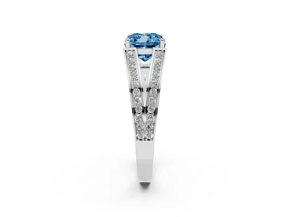 Fancy Blue Cushion Cut Diamond Split Shank Ring with Pavé Band and Four-Prong Setting White gold
