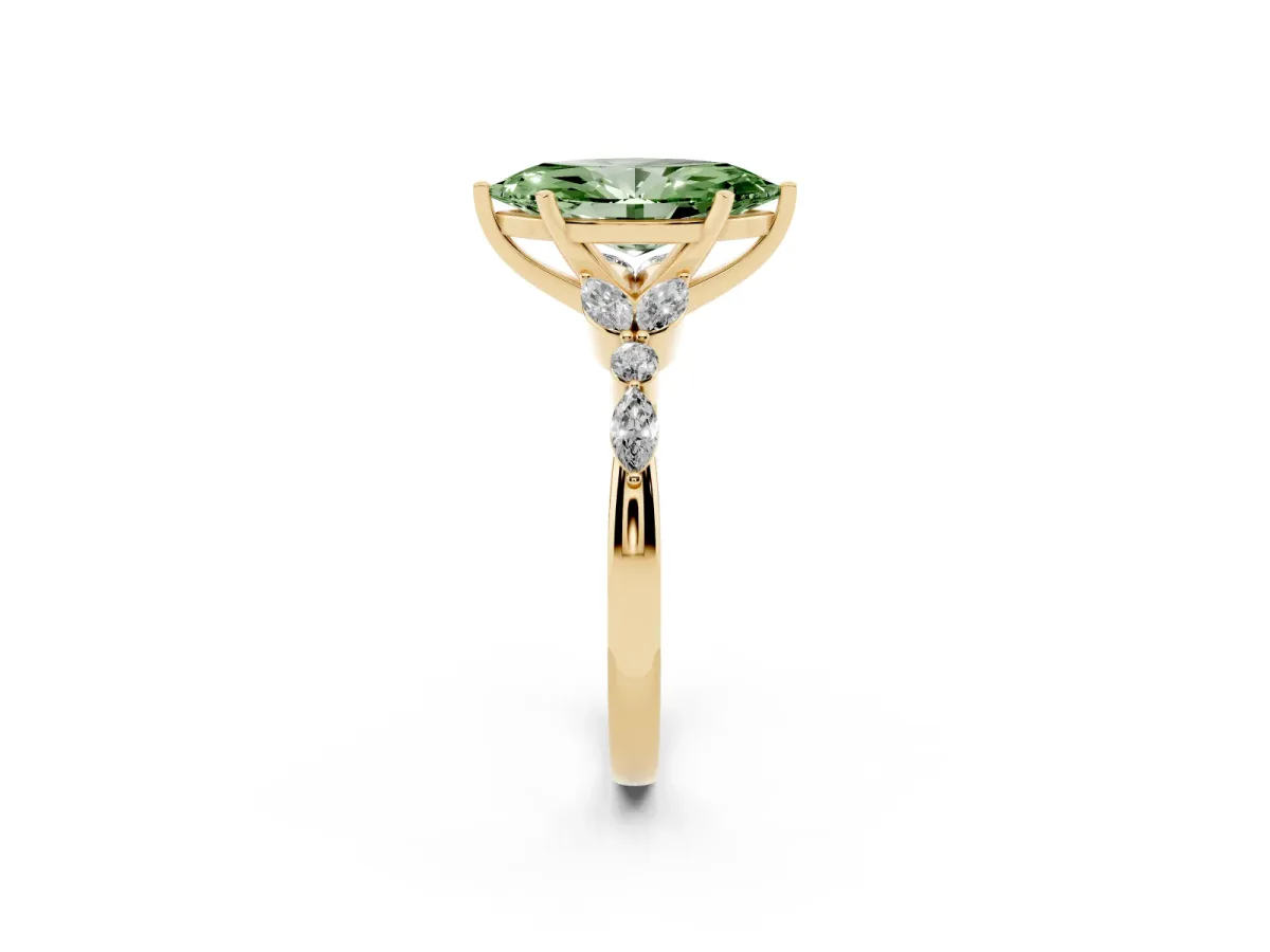 Fancy Green Marquise Cut Diamond Solitaire Ring with Side Stones and Four-Prong Setting Yellow gold