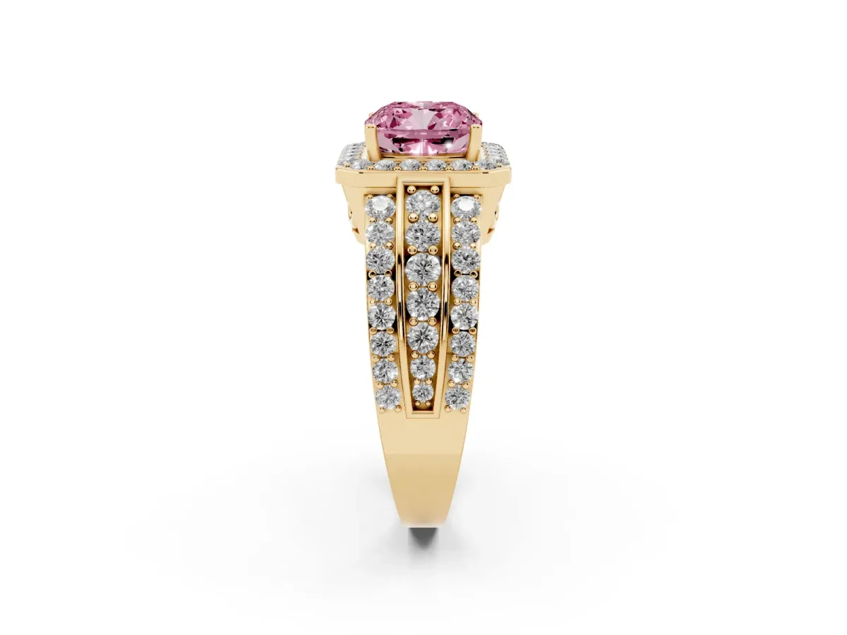Fancy Pink Cushion Cut Halo Diamond Ring with Round Split Shank and Prong Setting Yellow gold
