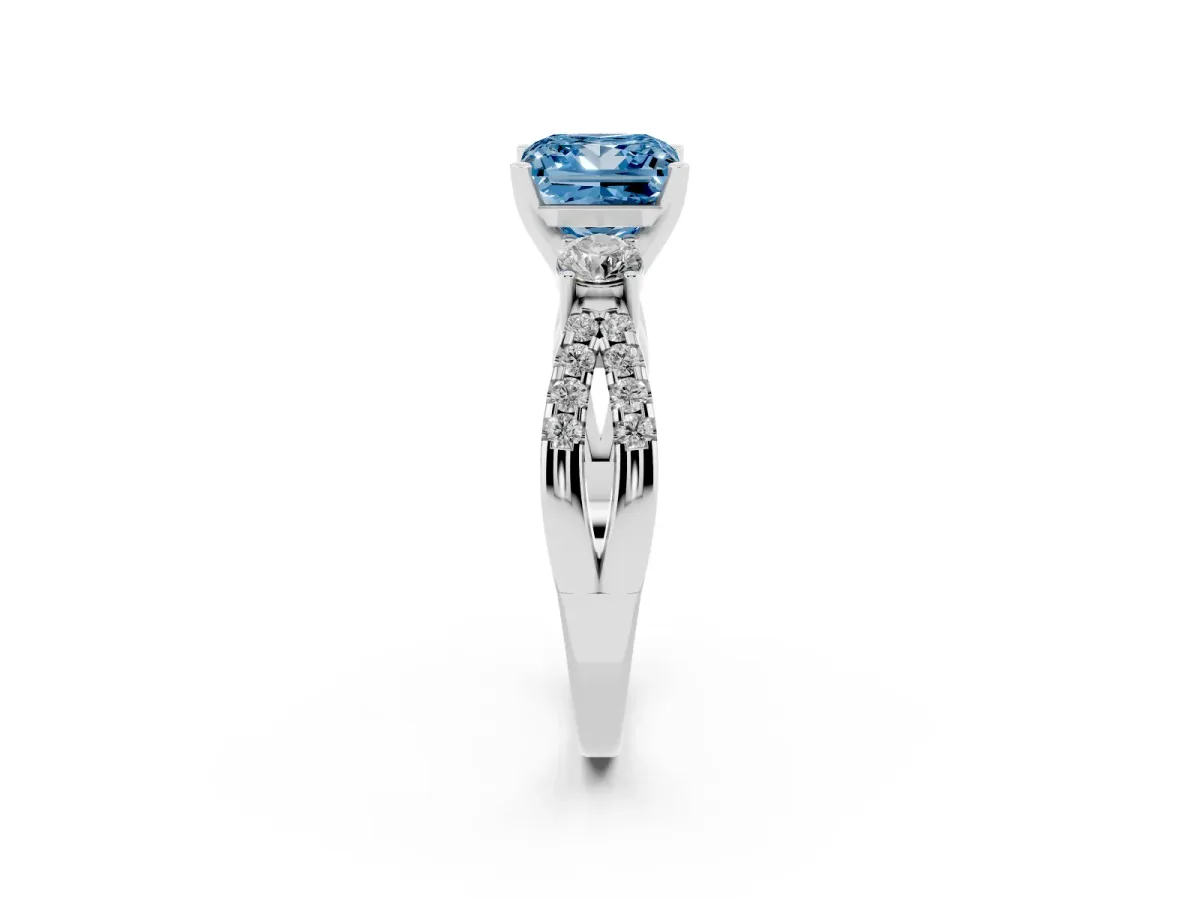 Fancy Blue Princess Cut Diamond Three-Stone Ring with Pavé Split Shank and Four-Prong Setting Silver