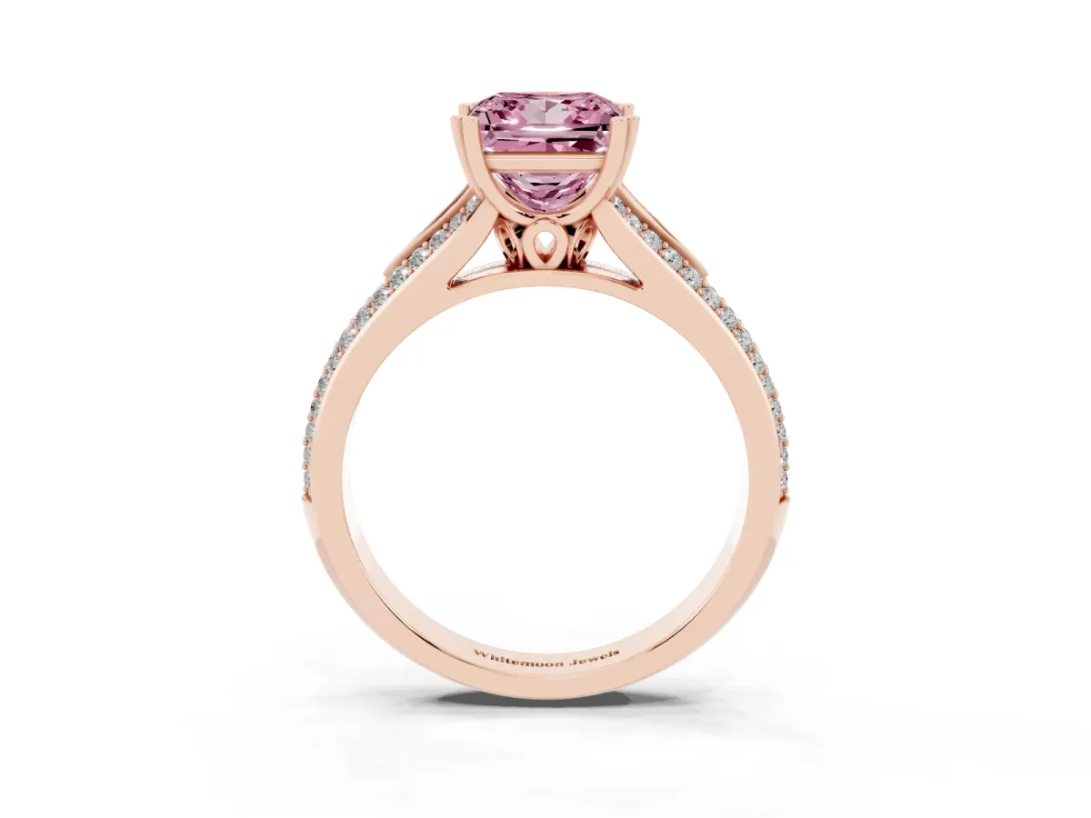 Fancy Pink Princess Cut Diamond Split Shank Engagement Ring with Pavé Band Rose gold