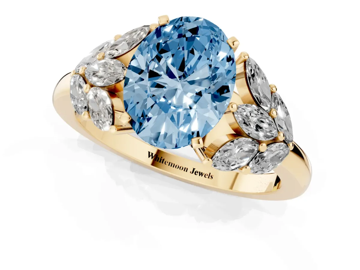 Fancy Blue Oval Cut Diamond Cluster Leaf Design Ring with Prong Setting Yellow gold