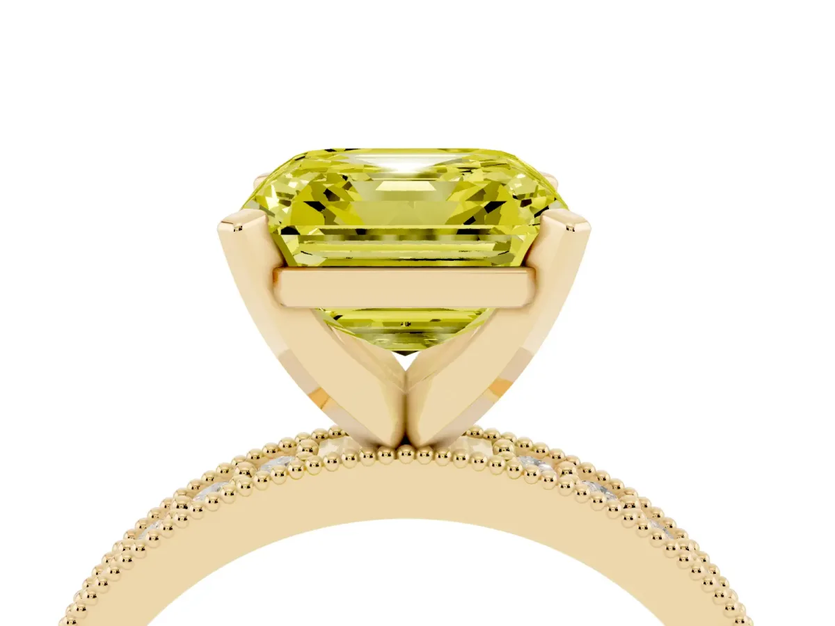 Fancy Yellow Asscher Cut Diamond Milgrain Pavé Engagement Ring with Four-Prong Setting Yellow gold