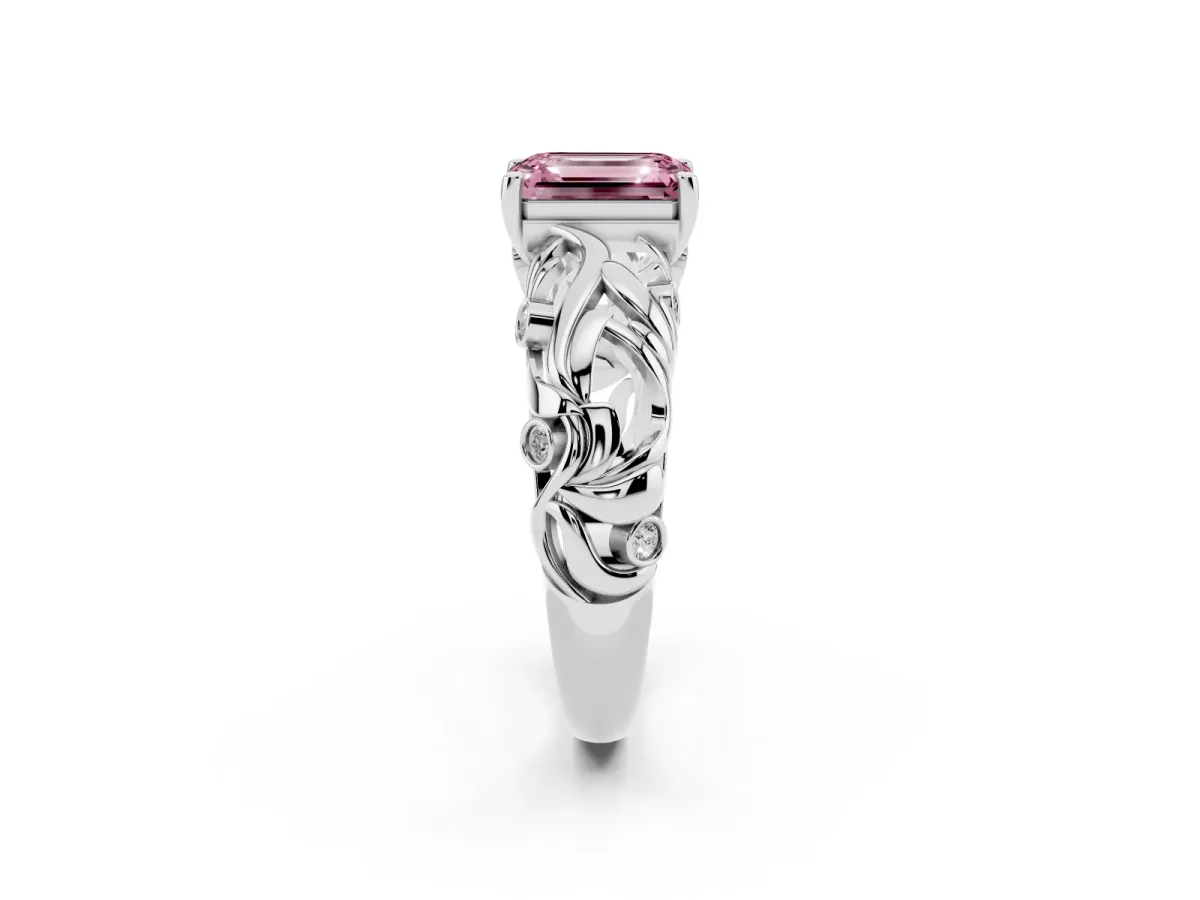 Fancy Pink Emerald Cut Solitaire Diamond Leaf-Inspired Vine Band Ring with Prong Setting Platinum